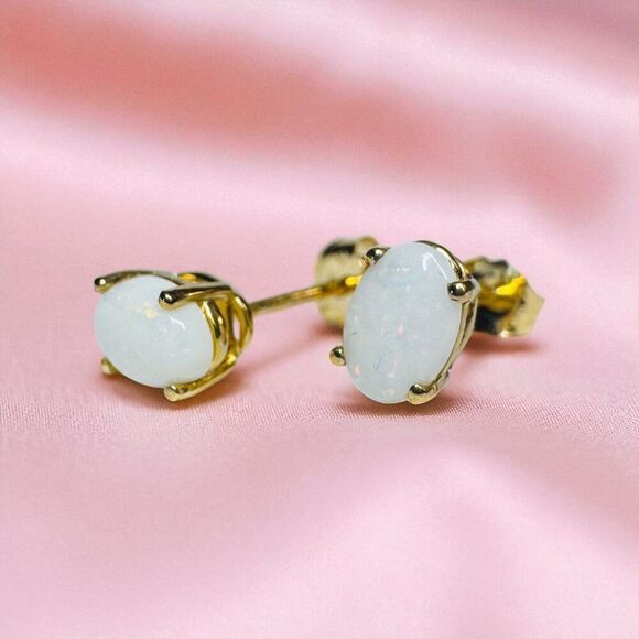10K Gold- Natural Australian Opal Earrings -1/2CT TW - Stud Earrings White Opal - Picture 2 of 16